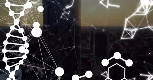 Animation Dna Chemical Structures Network Connections Aerial View Cityscape Global — Vídeo de Stock