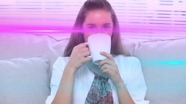 Animation Light Trails Biracial Woman Holding Mug Drinking Light Movement — Stockvideo