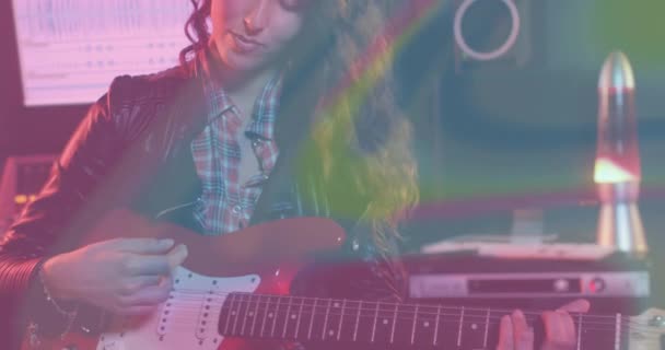 Animation Coloured Light Waves Caucasian Female Guitarist Playing Red Electric — Wideo stockowe