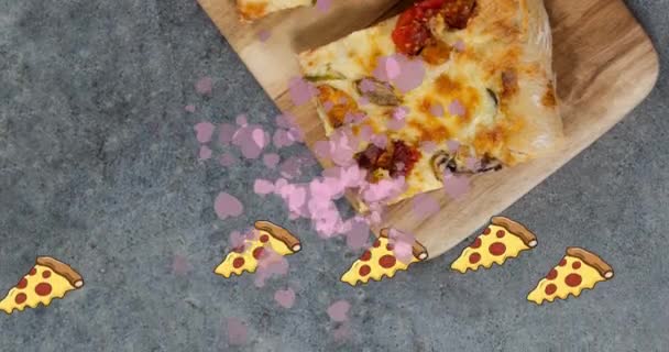 Multiple Pink Heart Pizza Slice Icons Close Pizza Wooden Tray — Wideo stockowe