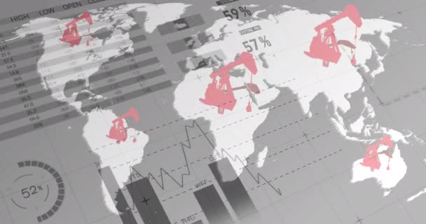 Animation Pump Jacks Word Map Graphs Oil Business Energy Transport — Vídeo de Stock
