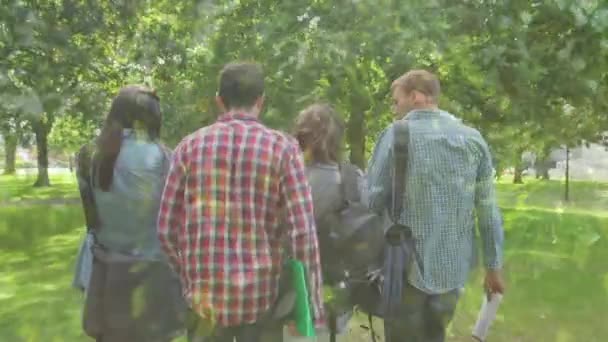 Composite Video Close Leaves Rear View Group People Walking Garden — Vídeo de Stock