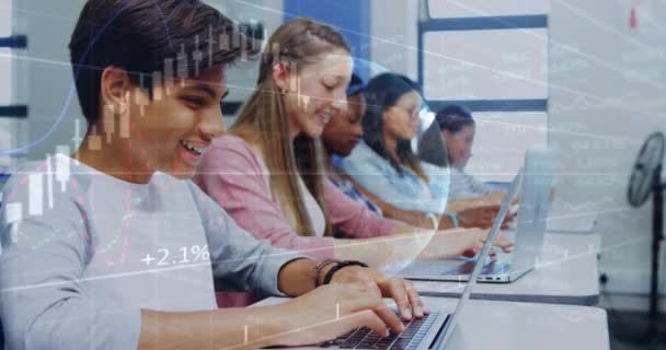 Animation Globe Graph Class Diverse Pupils Using Laptops School Education — Wideo stockowe
