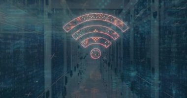 Animation of wifi icon formed with computer circuit board and data processing over servers. Global computing and data processing concept digitally generated video.