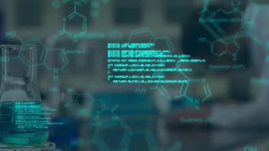 Animation of molecules and data processing over biracial scientist in lab. global science, computing and digital interface concept digitally generated video.