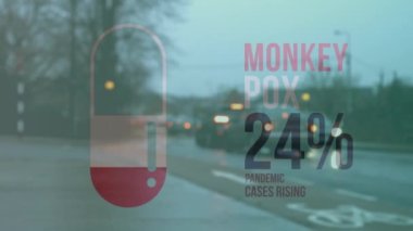 Animation of monkey pox 67 percent over road traffic. Monkey pox, health and pandemic concept digitally generated video.