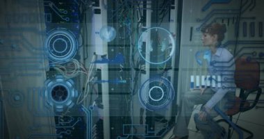 Animation of scan scoping over caucasian female server room worker. Global connections, data processing and digital interface concept digitally generated video.