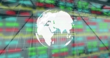 Animation of financial graphs and globe over empty hall. Global finance, economy and real estate concept digitally generated video.
