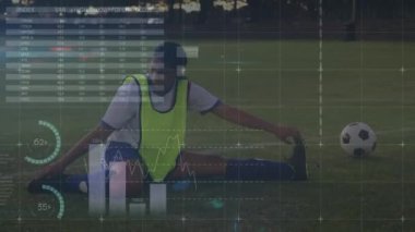 Animation of graphs and financial data over biracial female soccer player stretching. , sport, soccer, finance and economy concept digitally generated video.