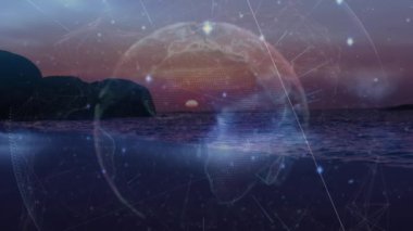 Animation of network of connections and globe over landscape. global connections, data processing and digital interface concept digitally generated video.