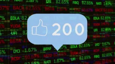 Animation of social media reactions over financial data on black background. finance, economy, technology, social media and digital interface concept digitally generated video.