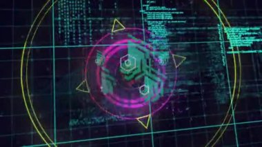 Animation of digital screen with diverse data, hexagons, circles and colorful glitch. Data processing, network, connections and digital interface concept digitally generated video.