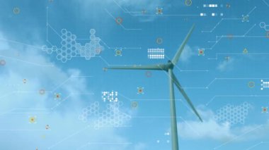 Animation of data processing with world map over windmill. Global connections, data processing and digital interface concept digitally generated video.