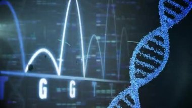Veri işleme ve DNA iplikçiklerinin siyah arkaplandaki animasyonu. Küresel iş ve dijital arayüz kavramı dijital olarak oluşturulmuş video.