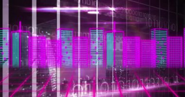 Animation of metaverse city over digital screen with diverse data. Digital interface, data processing and technology concept digitally generated video.