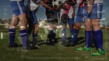 Animation of data processing with globe over diverse football players. Global sport, computing and digital interface concept digitally generated video.