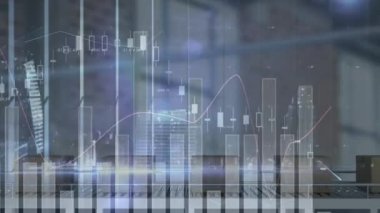 Animation of graphs over night cityscape. Global finance, economy and business concept digitally generated video.