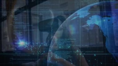 Animation of data processing with globe over biracial women using vr headset. Global science, connections, data processing and digital interface concept digitally generated video.
