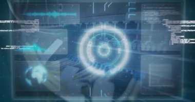 Animation of digital interface and data processing over server room. Global business, finances, data processing and digital interface concept digitally generated video.