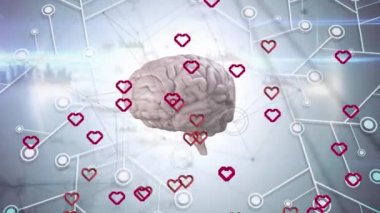 Animation of red hearts, human brain and network of connections. global social media, love, networking, connections and digital interface concept digitally generated video.