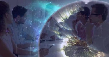 Animation of globe and shapes over diverse business people in office. Global business and digital interface concept digitally generated video.