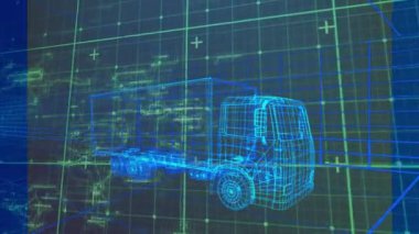 Animation of truck with graphical user interface moving against grid pattern. Digitally generated, multiple exposure, automobile, futuristic, technology and artificial intelligence.