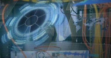 Animation of scan scoping over caucasian female server room worker. Global connections, data processing and digital interface concept digitally generated video.