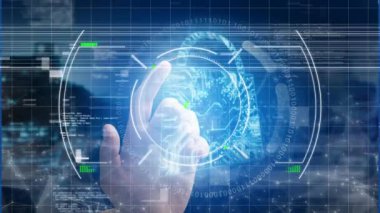 Animation of glitch, viewfinder, hand and digital padlock. Digital safety, data and technology concept digitally generated video.