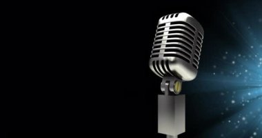 Animation of microphone and light spots over black background. Party and celebration concept digitally generated video.