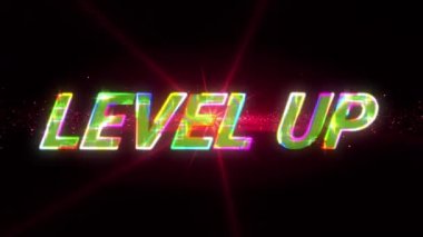 Animation of level up and lights on black background. video game, communication and entertainment concept digitally generated video.