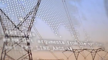 Animation of data processing and world dmap over electricity pylons. Global sustainability, electricity, connections, data processing and digital interface concept digitally generated video.