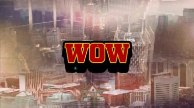 Animation of wow text over squares over cityscape. Global social media and digital interface concept digitally generated video.