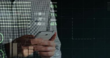 Animation of financial data and graphs over hands of caucasian man using smartphone. Finance, economy, communication and technology concept digitally generated video.