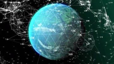 Animation of globe and network of connections with data processing on black background. Global technology, computing and digital interface concept digitally generated video.