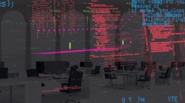 Animation of digital computer language moving in loop over line graphs representing progress. Digitally generated, multiple exposure, database, report, business, futuristic and technology.