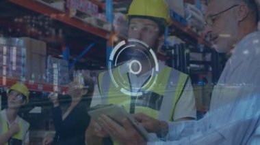Animation of scope scanning and cityscape over caucasian workers in warehouse. Global business and digital interface concept digitally generated video.