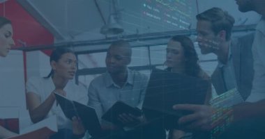 Animation of financial data processing and stock market over diverse business people. global business, finances and digital interface concept digitally generated video.