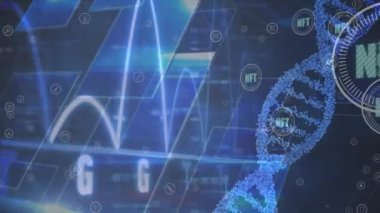 Animation of data processing with dna strand over nft texts. Global business and digital interface concept digitally generated video.