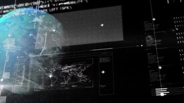 Veri işleme animasyonunun siyah arka planda dünya üzerinde gerçekleşmesi. küresel teknoloji, bilgisayar ve dijital arayüz kavramı dijital olarak oluşturulmuş video.