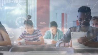 Animation of network of connections over diverse students using tablets. Global connections, networks, education and technology concept digitally generated video.