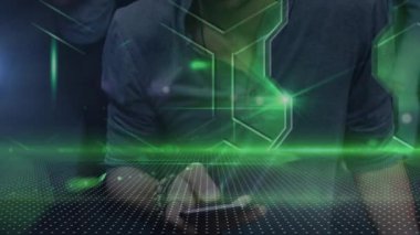 Animation of data processing with globe over two biracial male friends. Global science, connections, data processing and digital interface concept digitally generated video.