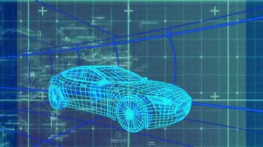 Animation of car with graphical user interface moving on bridge against grid pattern. Hologram, digitally generated, multiple exposure, automobile, futuristic, technology, artificial intelligence,