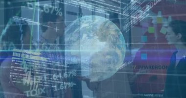 Animation of financial data processing over businesses people. global business, finances, data processing and digital interface concept digitally generated video.