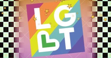 Animation of lbgt over rainbow square and checked background. Lgbt, gay pride and rights concept digitally generated video.