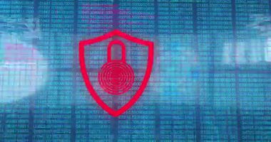 Animation of padlock with biometric fingerprint over data processing. Global online security and data processing concept digitally generated video.