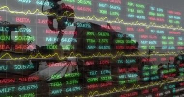 Animation of data processing over excavator. Global science, connections, data processing and digital interface concept digitally generated video.