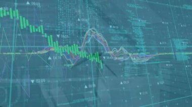 Animation of financial data processing over wind turbine. Global ecology, computing and digital interface concept digitally generated video.