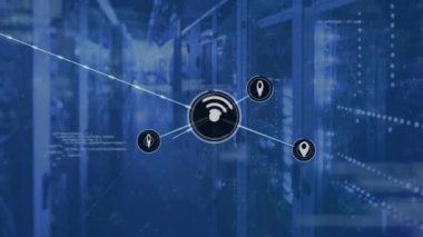 Animation of wireless network, map pin icons connecting with lines against computer server. Digital composite, multiple exposure, connect the dots, telecommunication, marketing, coding, data.