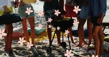 Animation of flowers over happy diverse friends having party on beach. Holidays, vacations, relax, social media and global communication concept digitally generated video.