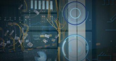 Sunucu odasında veri işleme animasyonu. Küresel bilim, bağlantılar, veri işleme ve dijital arayüz kavramı dijital olarak oluşturulmuş video.